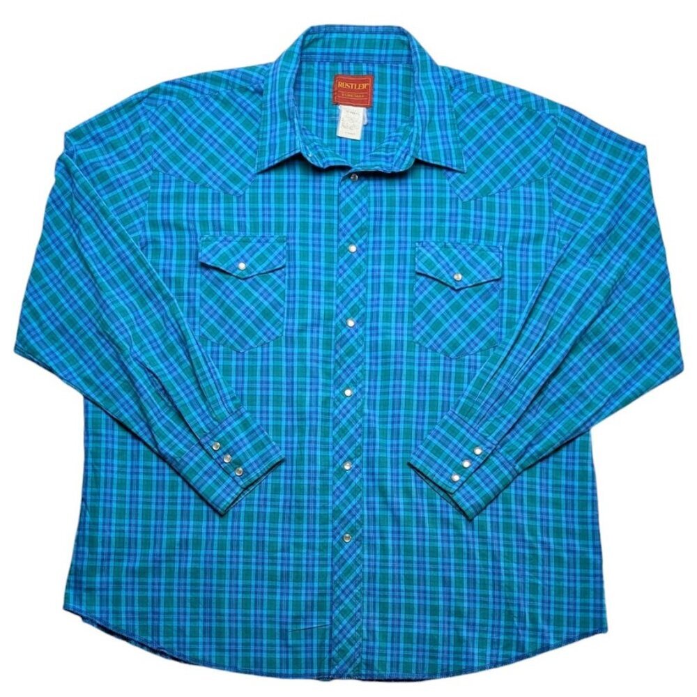 VTG Rustler by Wrangler Western Shirt Mens Size XXL Blue Plaid Pearl Snap Rodeo